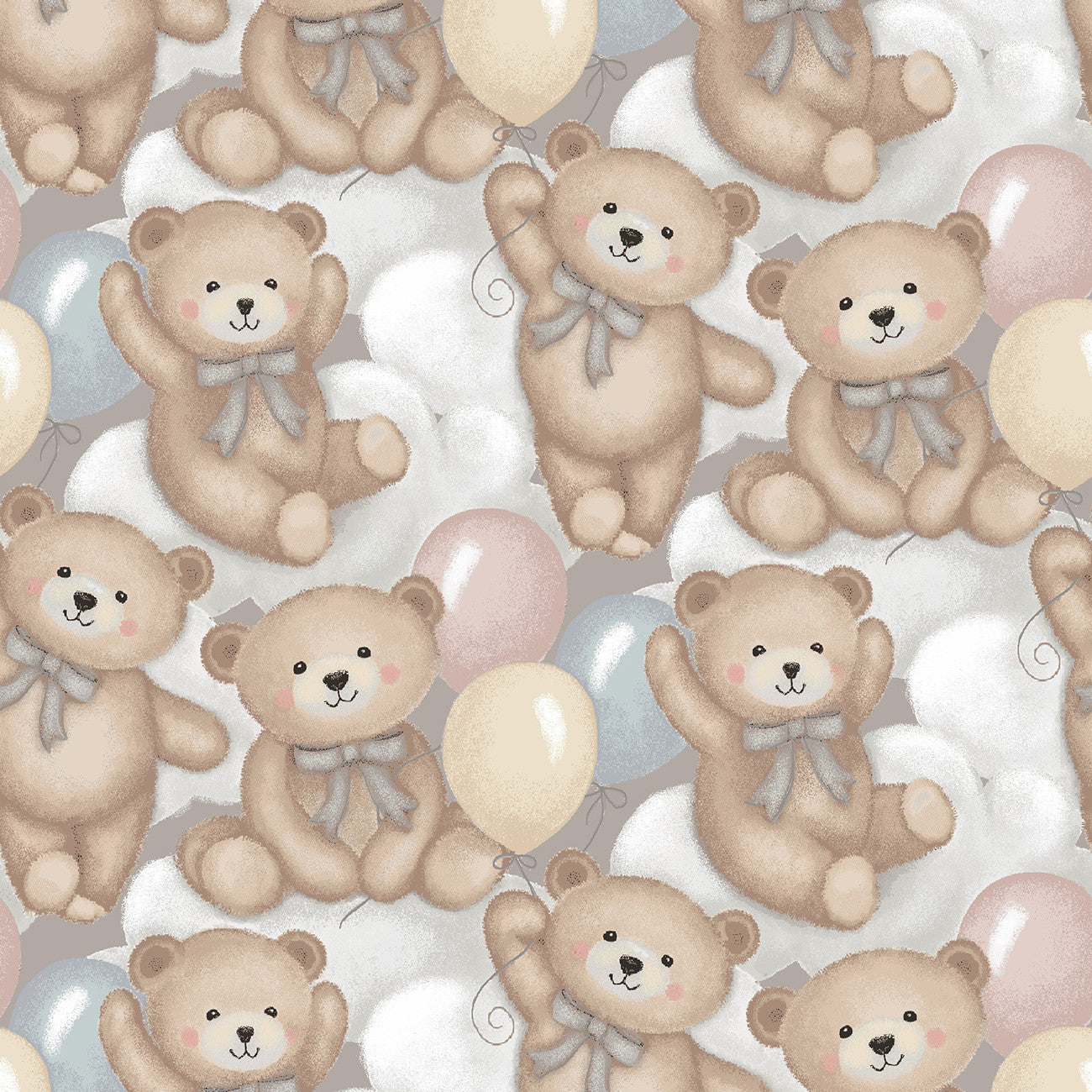 Gray/Multi Teddy Bears and Clouds 4 Inch repeat