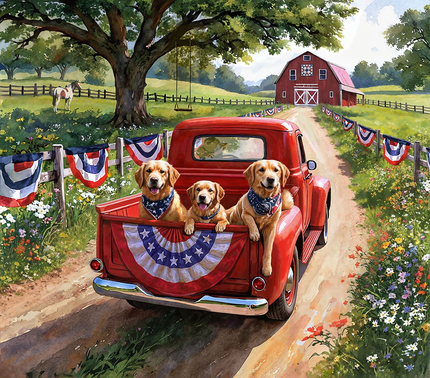 Patriotic Red Truck Roadtrip 39" Panel