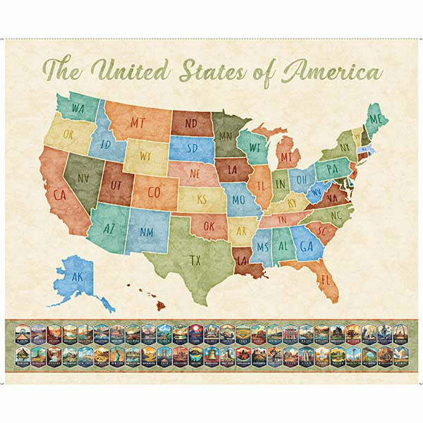 ON THE ROAD AGAIN - US MAP Cotton Fabric Panel by QT Fabrics