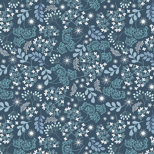 Frosted foliage on winter skies blue with pearl