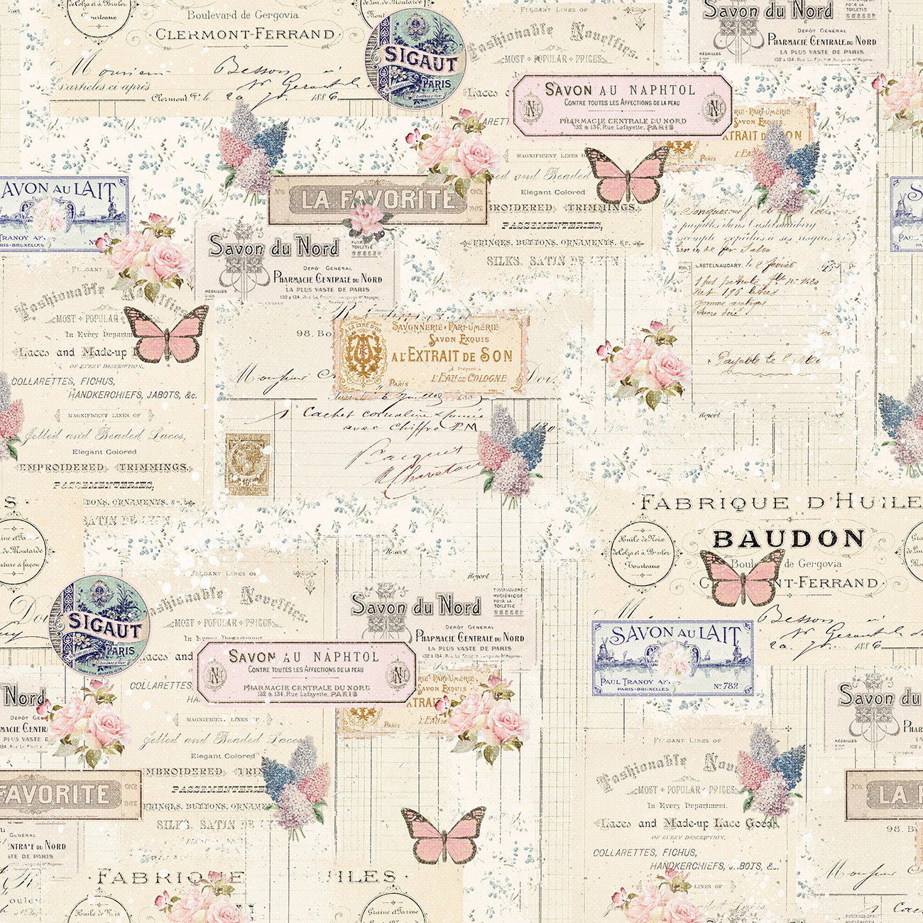 Ecru Labels and Butterflies 12 Inch repeat Parisian Snippets