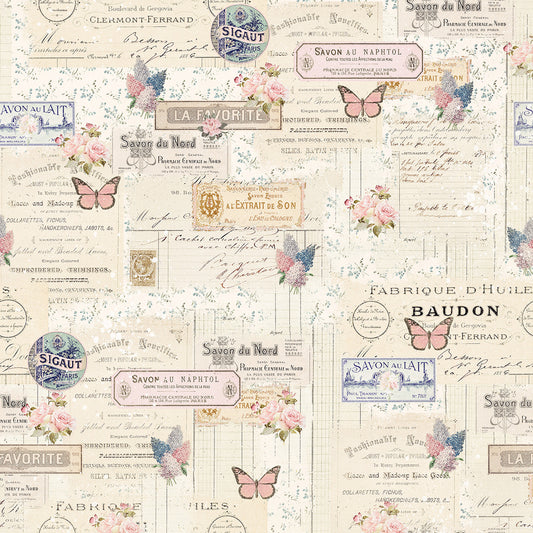 Ecru Labels and Butterflies 12 Inch repeat Parisian Snippets