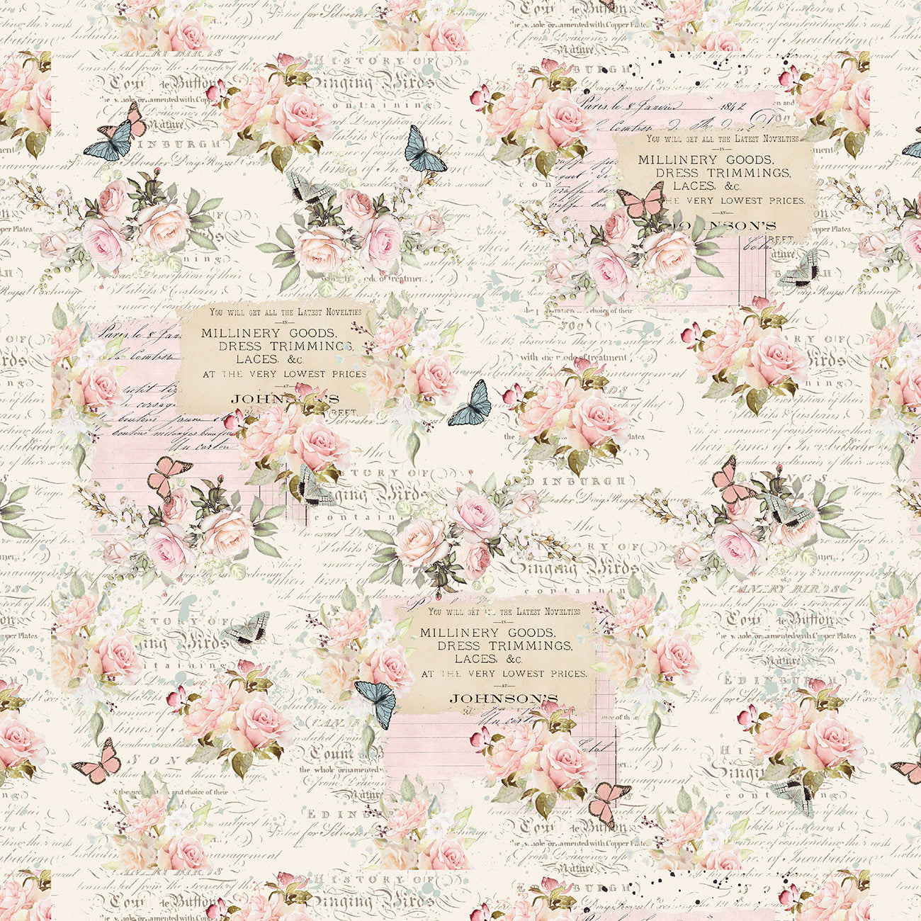Ecru Roses with Text 8 Inch repeat Parisian Snippets