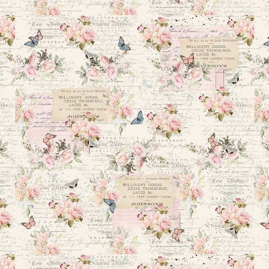 Ecru Roses with Text 8 Inch repeat Parisian Snippets