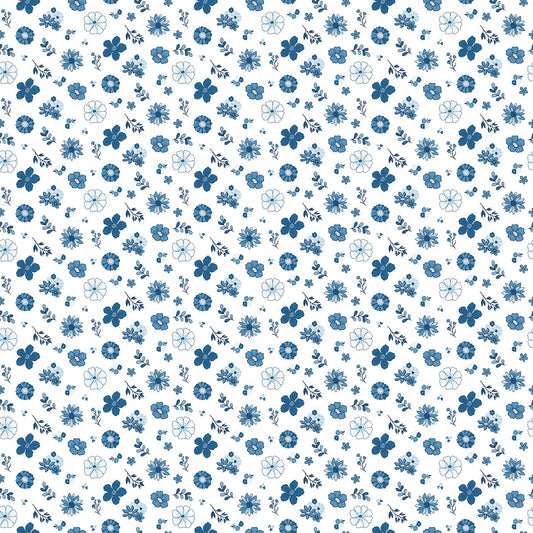 Blue Blooms and Threads Floral White
