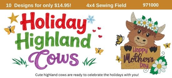 Holiday Highland Cows Embroidery Designs